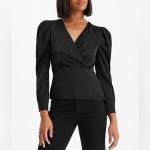 Express Women's Satin Top Size XS Black Long Puff Sleeves Wrap Front NWT $64